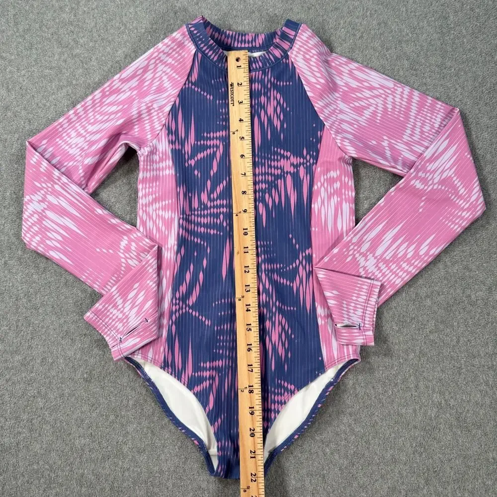 Zella Girls Size 12 Long Sleeve One Piece Swimsuit Zip Up Pink/Blue High Neck